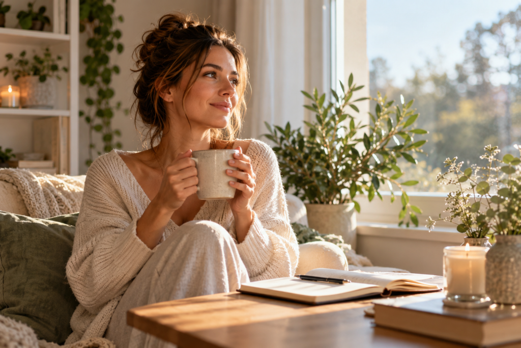 Woman enjoying a peaceful self-care routine at home